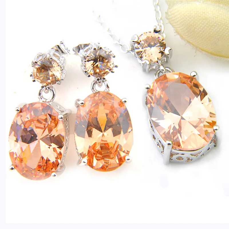 LuckyShine Donna Ovale Champagne Morganite Gemma Argento Elegante Attraente Ciondola Orecchini Pendenti Set di Gioielli Nuovo