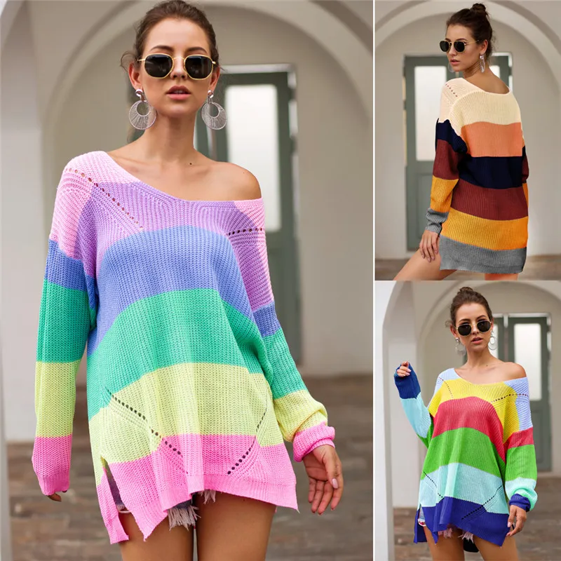 Fashion Striated Women Sweater Designer Långärmad Rainbow Matchande Blus Nya Sport Pullover Toppar Vår Höstskjorta Fritid Hoodies