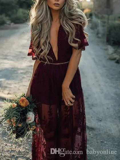 Boho Lace Bridesmaid Dress for Western Weddings A-Line Floor-Length with  Front Split and Deep V Neck from Dhgate Bridesmaid Dress - price 181.89