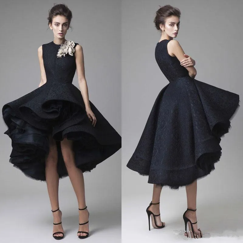 2019 Nowy Krikor Jabotyk Suknie Wieczorowe Ręcznie Made Flower Jewel Neck Hi Lo Prom Dress Little Black Sexy Vestidos Festa