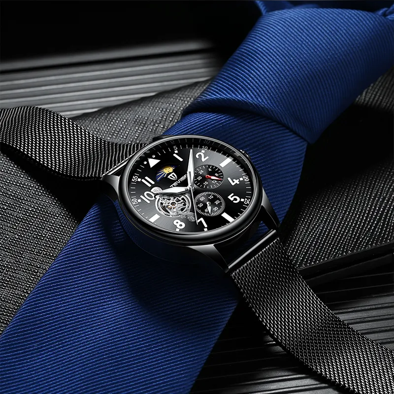 2021 Tevise Men自動メカニカルウォッチブラックフルスチールトゥールビヨン腕時計ムーンフェーズクロノグラフ男性時計