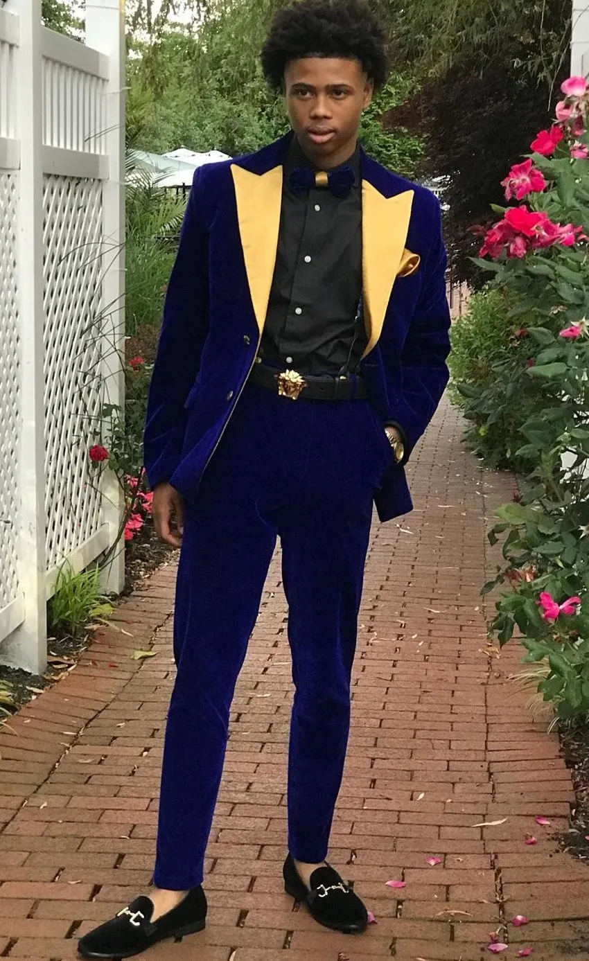 Fluwelen bruidegom smoking blauwe mannen bruiloft smoking gele piek revers populaire mannen zakelijke diner / darty jas blazer pak (jas + broek + stropdas) 1112