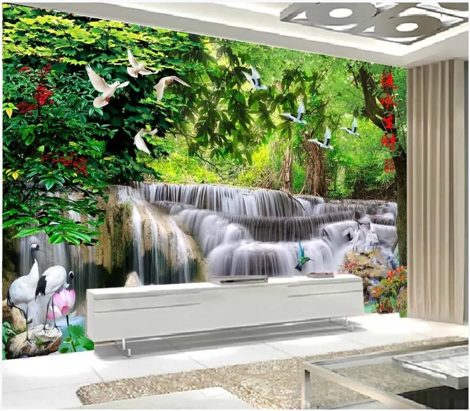 Carta da parati fotografica personalizzata per pareti Sfondi murali 3D Paesaggio idilliaco HD cascata loto paesaggio dipinto muro sfondo carte da parati