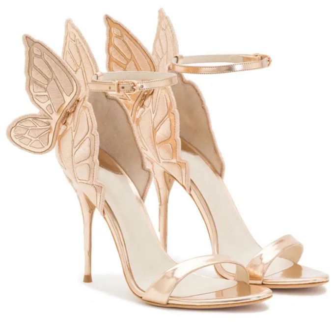Hot Sale Fashion-Women Angel Wing Sandals Gladiator Ankelband Högklackat Broderade Butterfly Pumpar Bridal Bröllop Skor Party Sandles