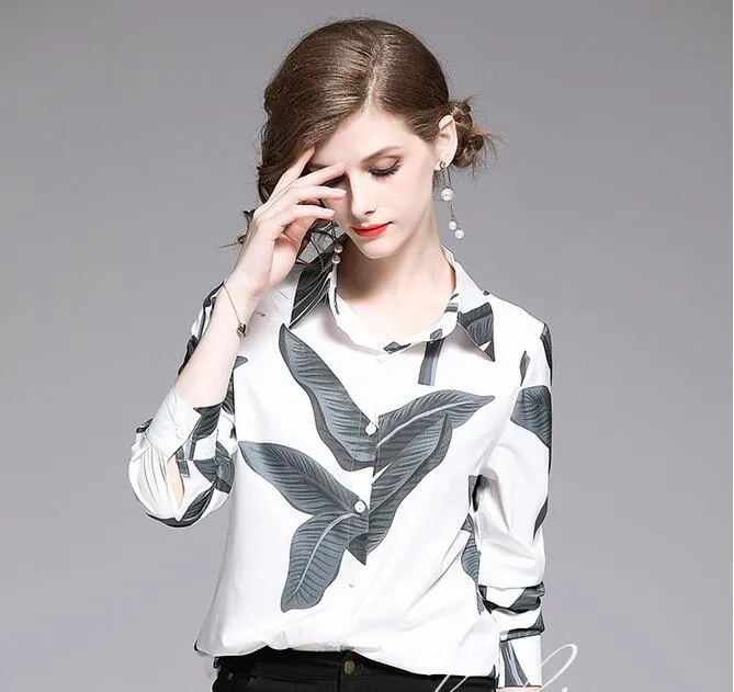 2019 Blusas Blancas De Manga Larga Con Estampado De Hojas Y Cuello