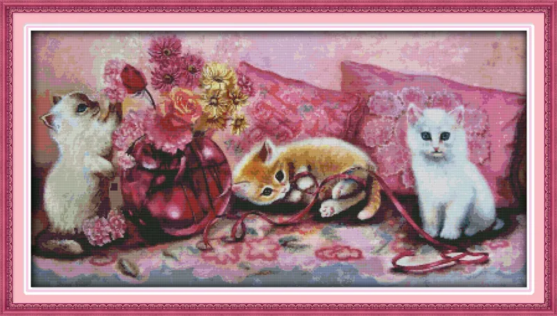 I tre piccoli gattini animali decorazioni per la casa pittura, strumenti artigianali a punto croce fatti a mano ricamo set di cucito contati stampa su tela DMC 14CT / 11CT