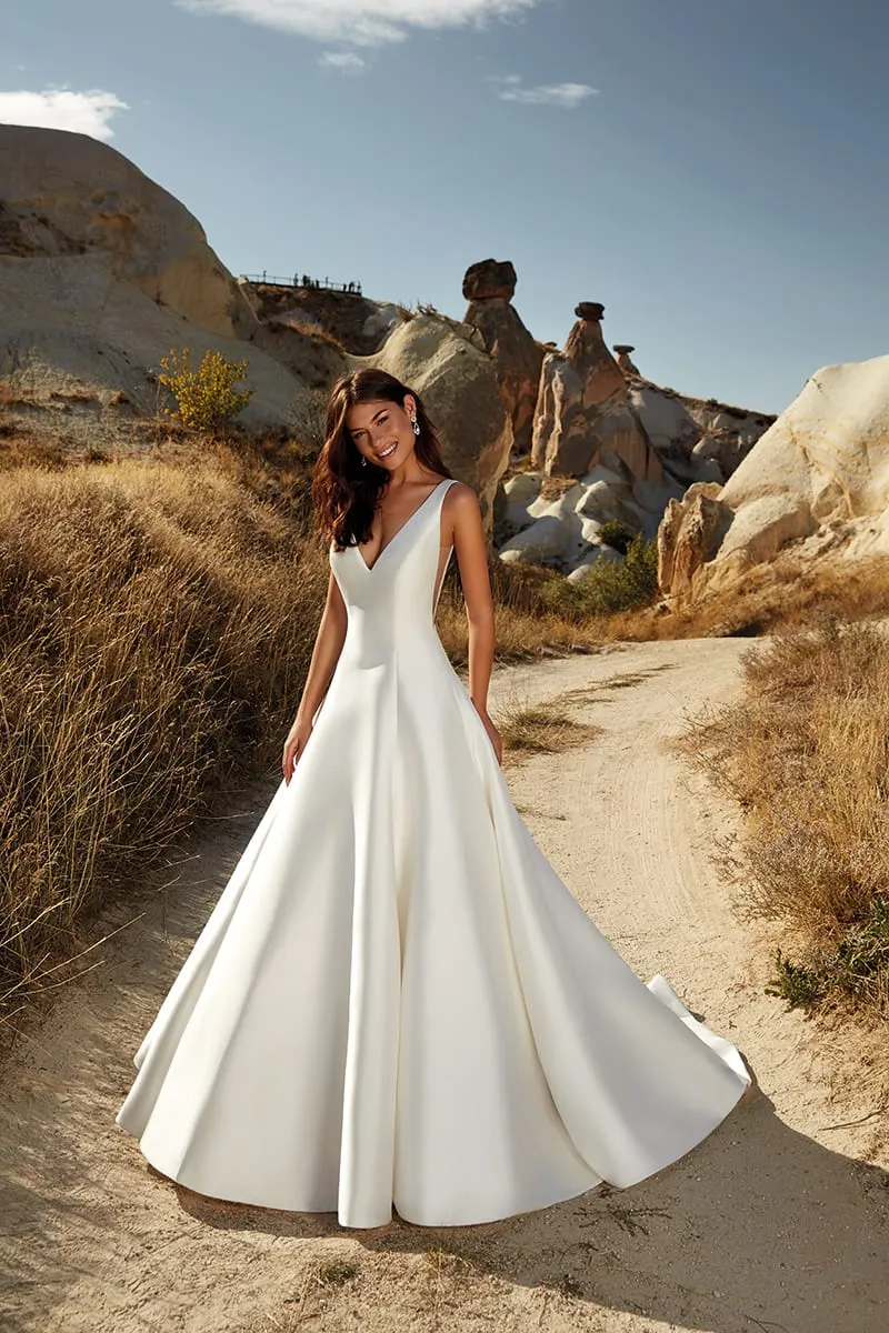 Eddy K Wedding Dresses Satin V Neck Big Bow A Line Sweep Train Abiti Da Sposa Custom Made Country Wedding Dress Plus Size