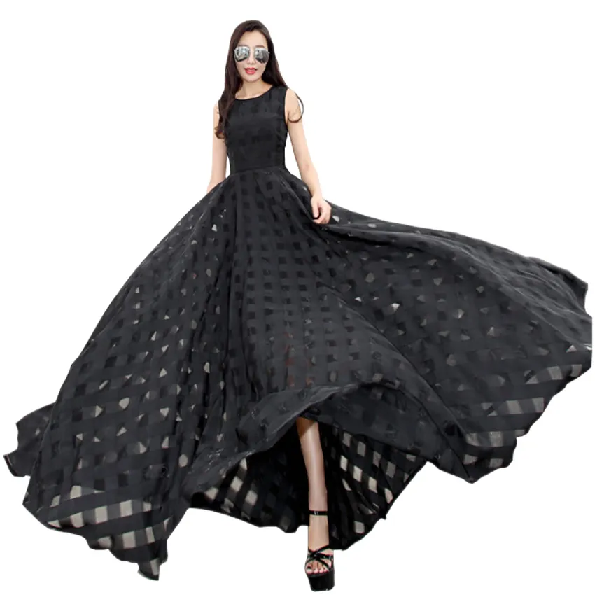2019 New Womens Summer Dress Elegante Vintage Nero Bianco Organza senza maniche Casual Long Maxi Dress Holiday Beach Party Vestidos T5190615