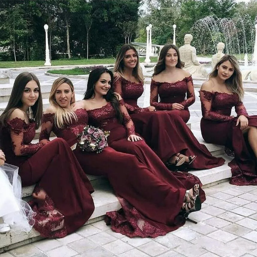 2019 Yeni Bordo Nedime Elbiseler Kapalı Omuz Uzun Kollu Mermaid Parti Abiye Custom Made Onur Hizmetçi Elbise Vestido Madrinha Longo