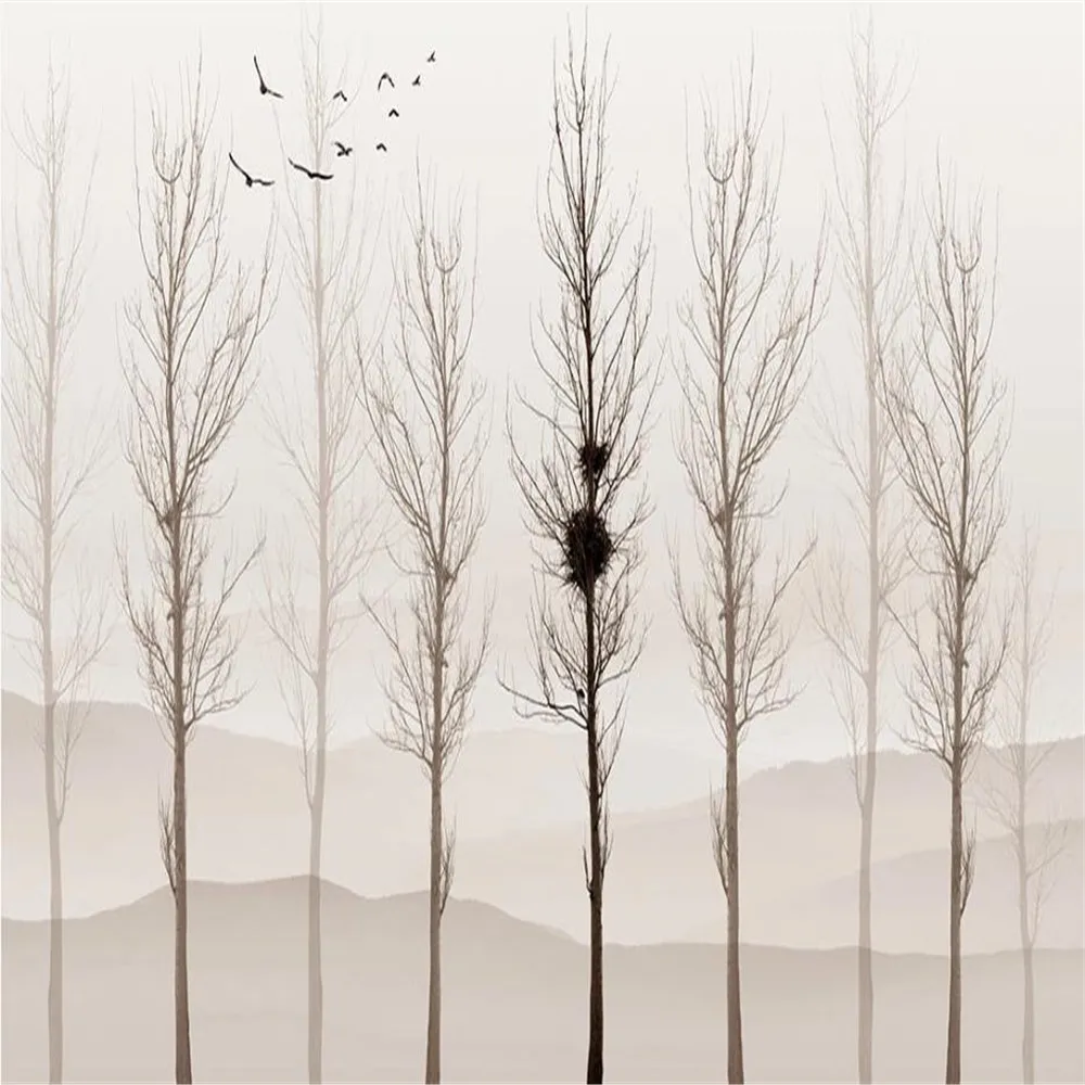 Mooie landschap wallpapers eenvoudige handgeschilderde artistieke conceptie droge boom vliegende vogel achtergrond muur decoratieve schilderen