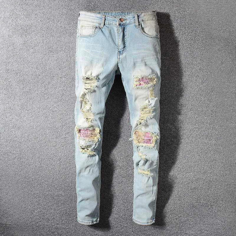 Moda Streetwear Hombres Vaqueros Retro Azul Claro Lavado Slim Fit Elástico Jeans Rotos Hombres Remiendo Pantalones Destruidos Hip Hop De 64,03 | DHgate