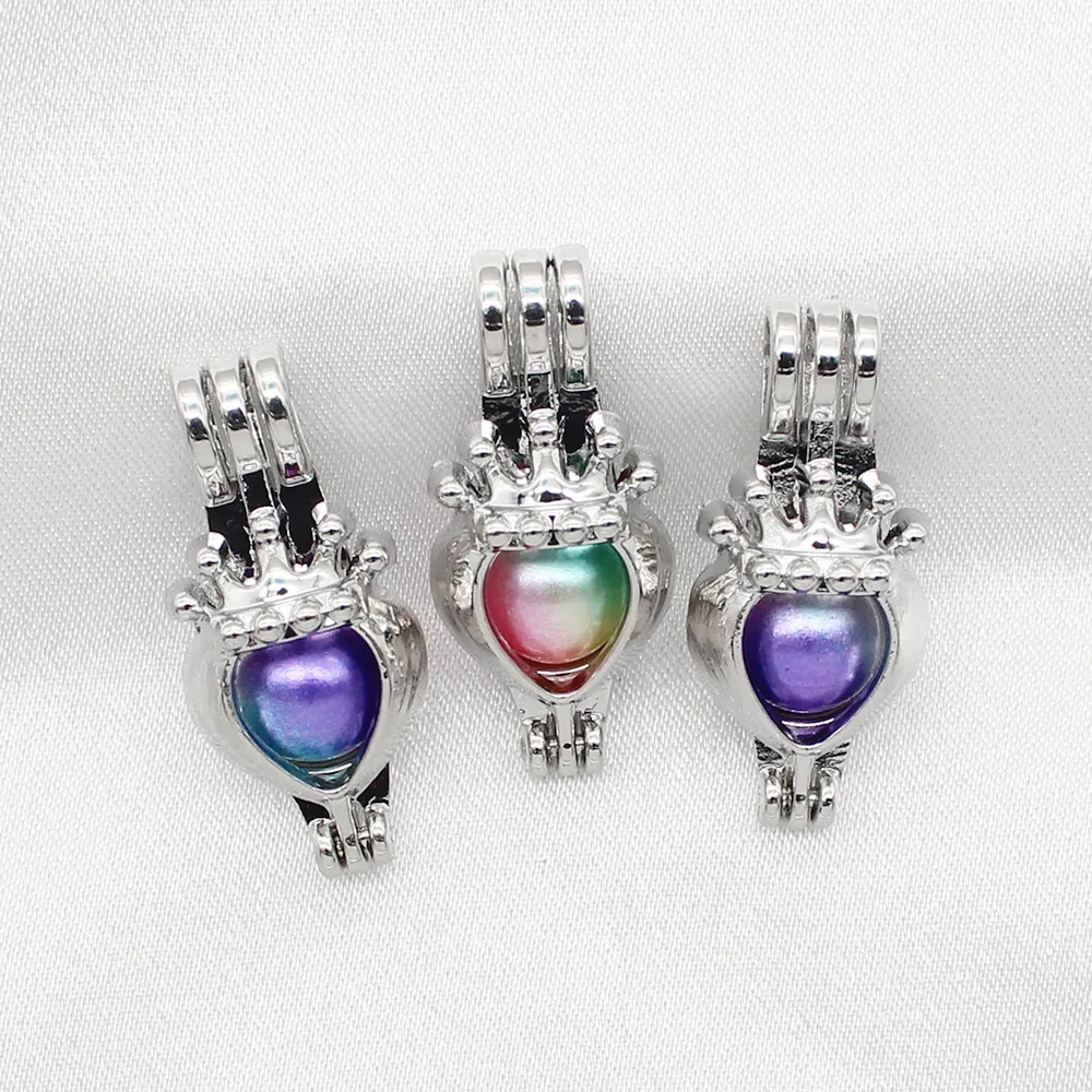 Silver Plated Love Heart Crown Pearl Cage Essential Oil Diffuser Bead Cage Locket Pendants for Perfume Jewelry Making