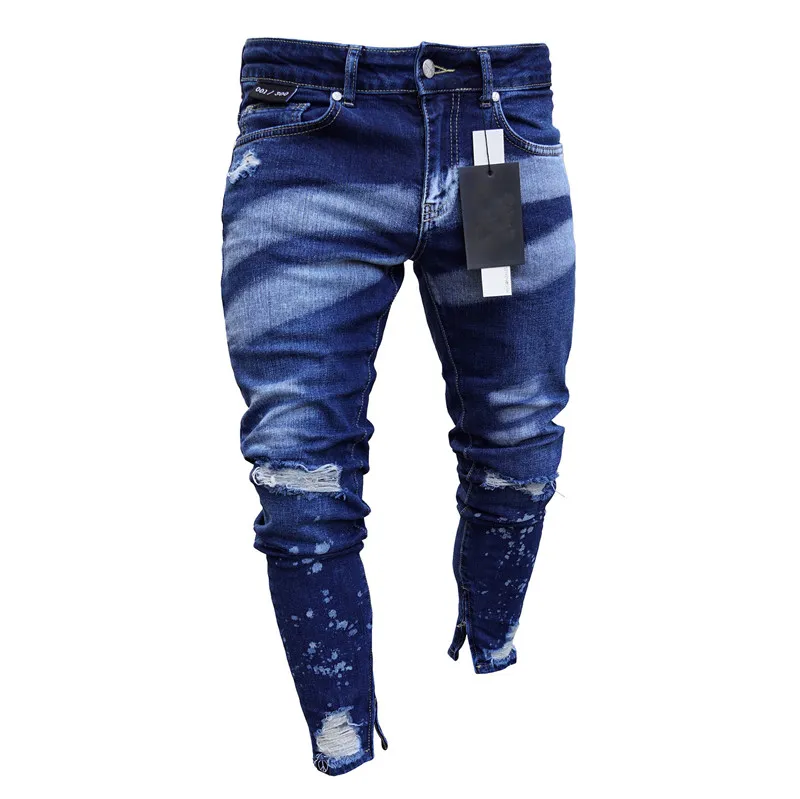 Men Fashion Hight Street Ripped Jeans Pants Streetwear Painted Distressed Denim Trousers Ankle Zipper Washed Size S-XXXL