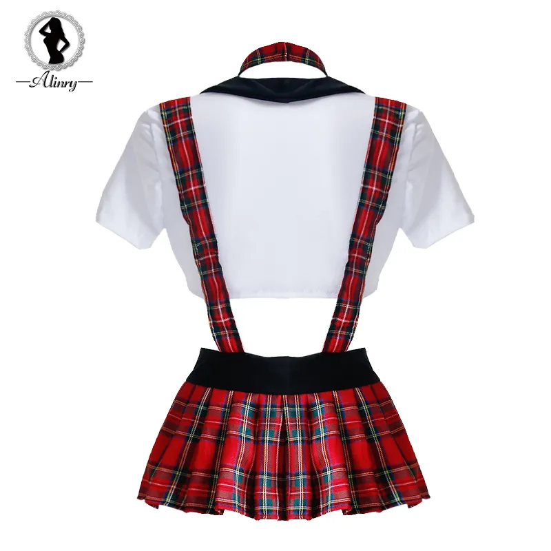 Alinry sexy lingerie set vrouwen erotische plus size lace up student cosplay kostuum rollenspel school meisje plaid uniform ondergoed