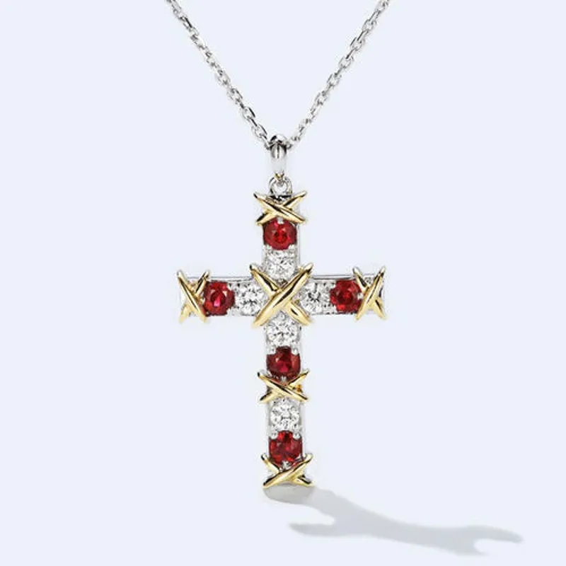 Edler Schmuck Christentum Kreuz Anhänger Rubin 5A Zirkon Cz Echt 925 Sterling Silber Hochzeit Anhänger mit Halskette für Frauen Geschenk