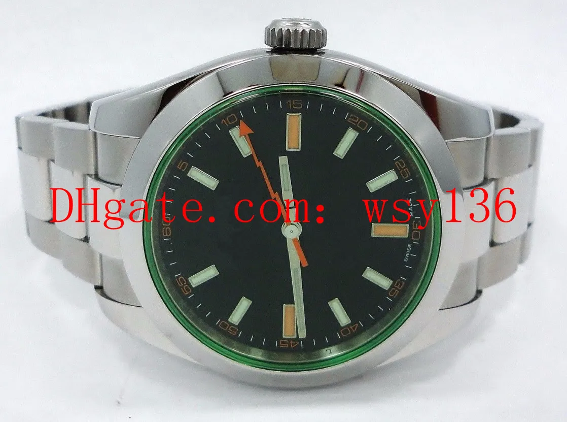 Lusso di alta qualità 116400 quadrante nero cristallo verde cinturino in acciaio inossidabile orologio meccanico automatico da uomo 40 mm orologio da polso casual nuovo di zecca