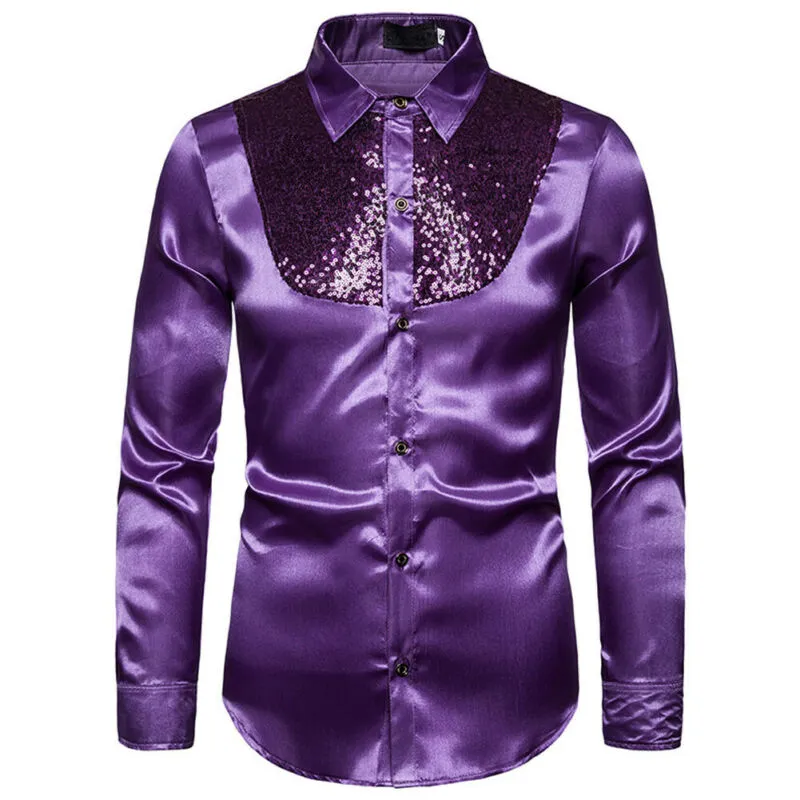 メンズドレスシャツメンサテン光沢のあるシルクウェディングシャツ長袖スパンコールフィットネススリムな男性ブラウストップフリルシャツ1293i