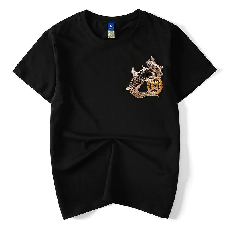 2017-High-Quality-Hand-Embroidery-Brocade-Carp-Fish-and-Dragon-Men-T-Shirt-Short-Sleeve-O