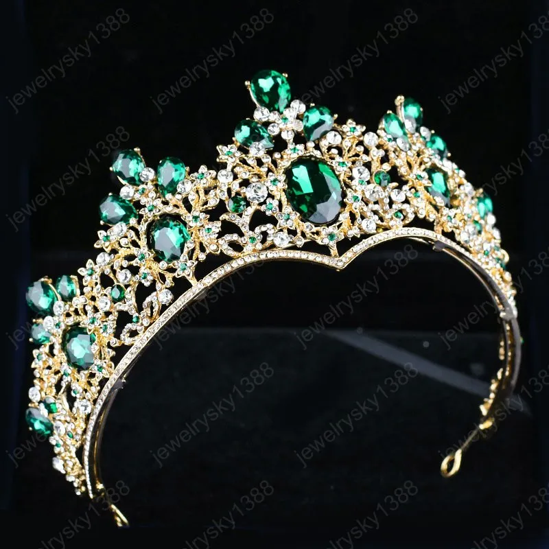 Nuovi gioielli per capelli per le donne Diademi verdi barocchi Corone Tiara in metallo dorato Strass di cristallo Diadema Accessori per capelli da sposa