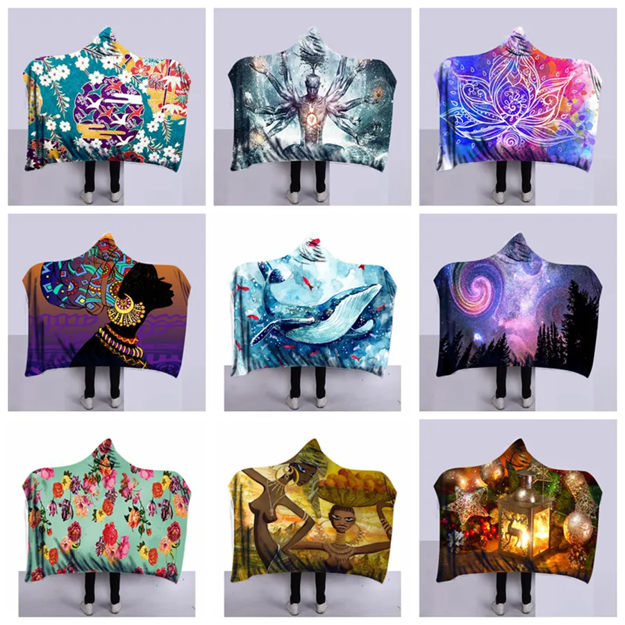 3D Printing Winter Wearable Hooded Blanket For Kids Adults Warm Decoration Soft Bed Home Throw Sofa Blankets 130cm*150cm 9styles RRA1908