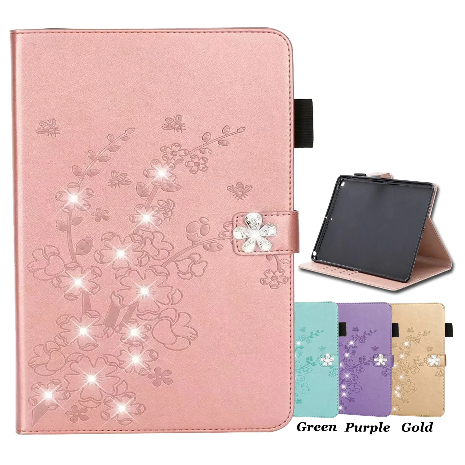 Plommon Blossom Rhinestones Läder Tablet Väska till iPad Air Pro 9.7 Mini 1/2/4/5 Samsung Galaxy Tab A T720 Multi Card Slots Skyddskåpa