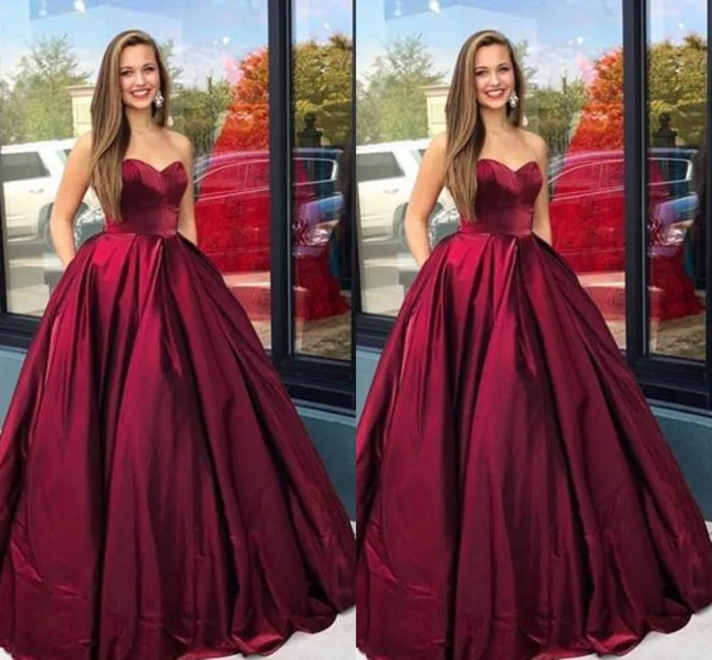 Ball Suknia Burgundia Prom Dresses Z Kieszeniem 2019 Pleats Ruched Sweetheart Sweet 16 Dress Quinceanera Evention Formal Dress Suknie Plus Size