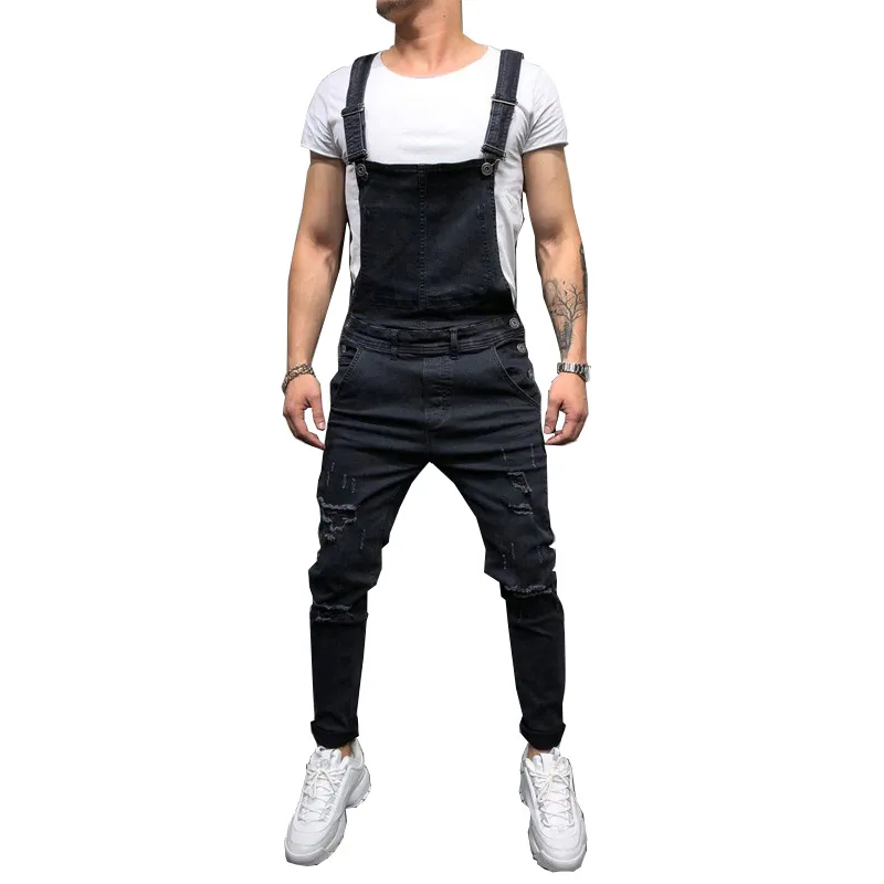 Mode heren gescheurde jeans jumpsuits hi straat noodlijdende denim slabbibels voor man Suspender broek maat s-xxxl