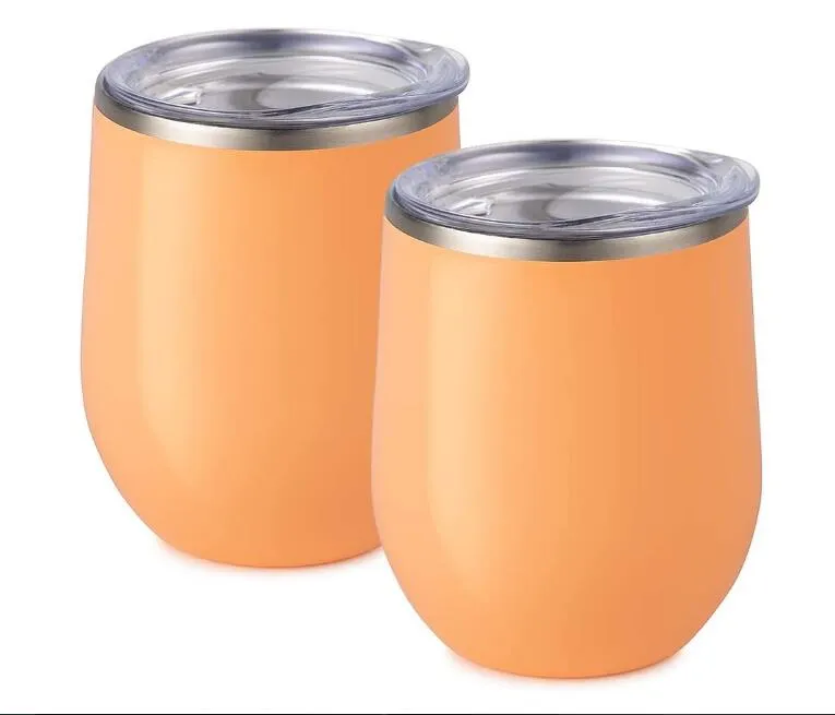 2020011099 Bev Stainless Steel Stemless Wine Glass Tumbler with Lid Vacuum Insulated 12 oz Peach Cup