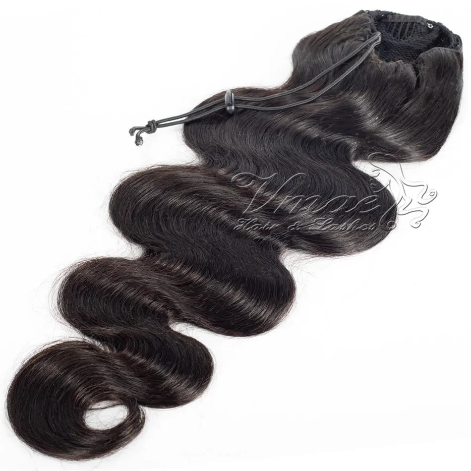 Peruviano Remy Virgin Ponytails Cuticole Allineate Natural Black Clip In Elastic Band Cravatte Coulisse Onda Del Corpo Vere Estensioni Dei Capelli Umani