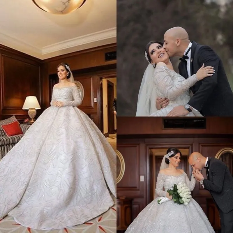 Ball Gown Wedding Dresses Long Sleeve Off Shoulder Beads Appliques Satin Bridal Gowns Sweep Train Vestidos De Novia