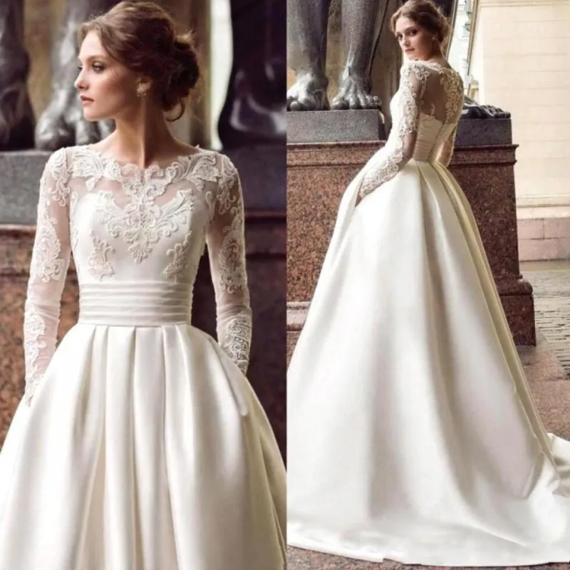 Robes de mariée vintage à manches longues classiques avec poches en satin appliquée une ligne robes nuptiales