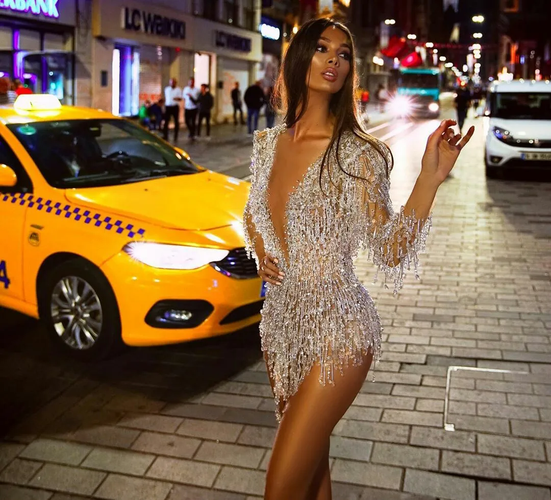 Custom-Made Lace Beaded Mini Fringe Prom Dress with Illusion Long Sleeves and Deep V-Neckline - Perfect for Evening Parties and Cocktail Events