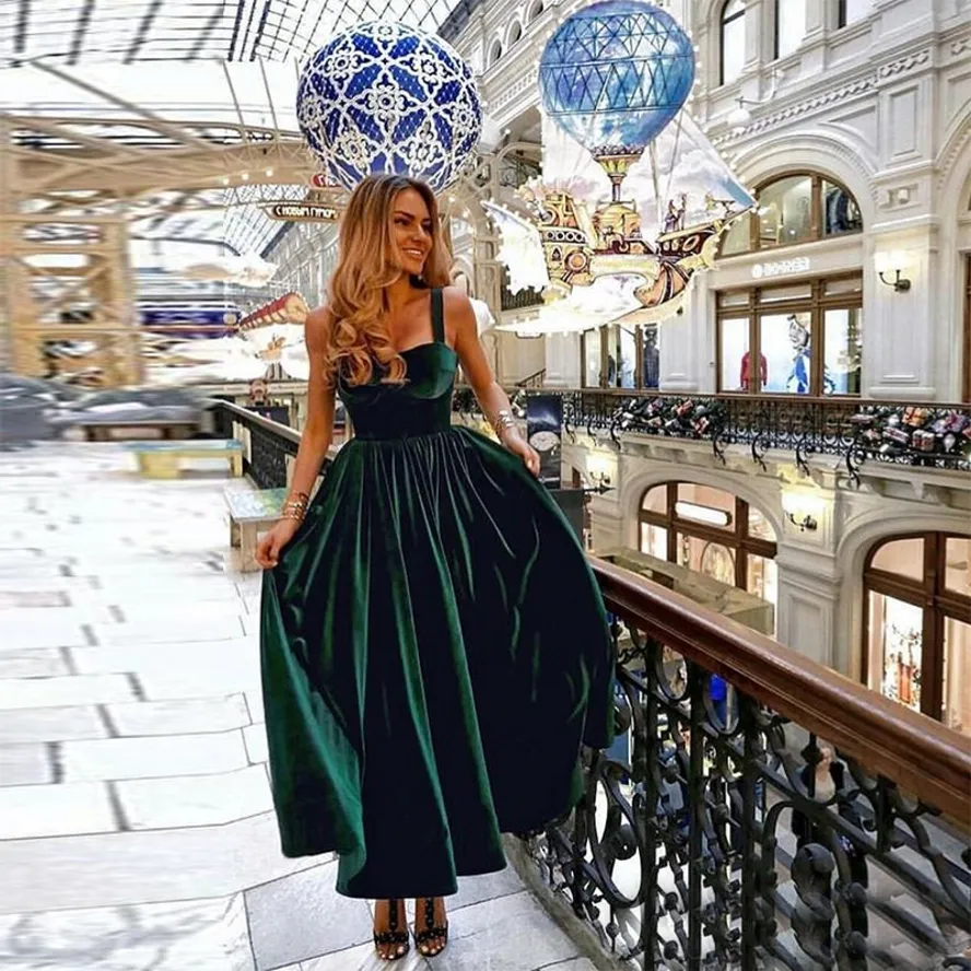 Dark Green Tea Length Green velvet prom dress with Spaghetti Straps - Elegant Formal Gown for Special Occasions in 2020