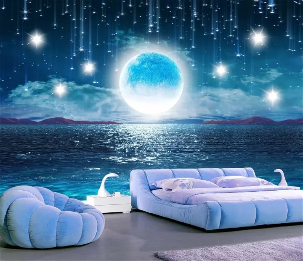 Carta da parati 3d Murale Acqua che sale Chiaro di luna Estetica Notte Cielo stellato Vista lunare Carta da parati per decorazioni interne HD superiore