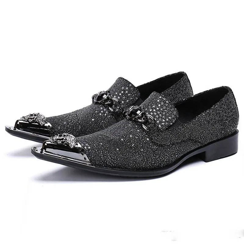 Ankunft Metall New Tipped Spoted Toe Man Formal Kleid Männliche Paty Prom Schuhe Schuhe echtes Lederrutsch auf Männern Weddin Bac