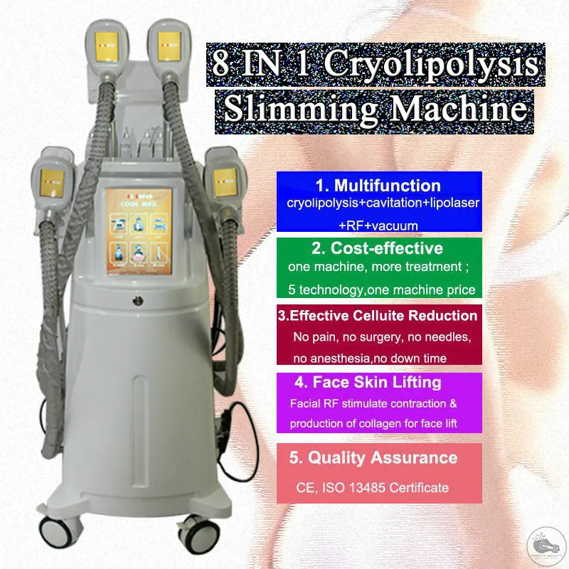 Arrrivival Cryolipólise Machine Cryo Doube Chin Freeze Freeze RF Cavitação Máquinas de Rolo de Vacão Crioterapia Equipamento de Slimm