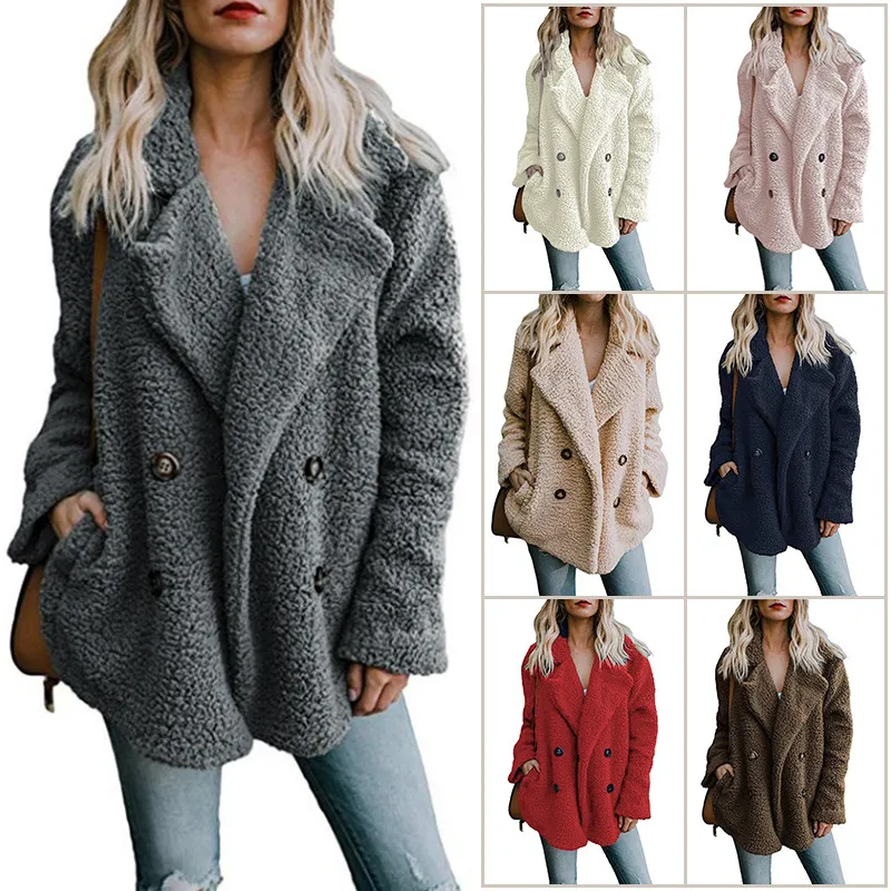 Women winter coat jacket fashion double-breasted sweaters lapel loose fur jacke outwear womens ladies jackets coats ladies