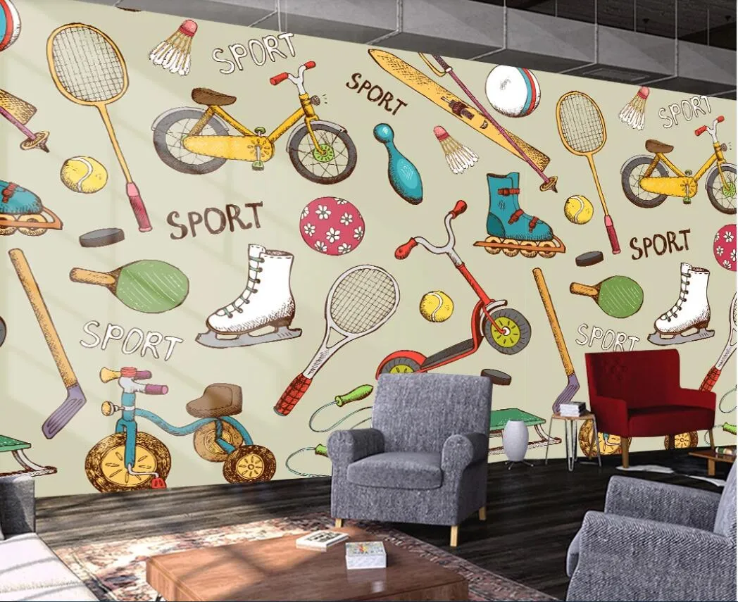 3d room wallpaer murales fotografici personalizzati Palestra skateboard bicicletta tennis sport lavoro muro sfondo muro carta da parati per pareti 3d