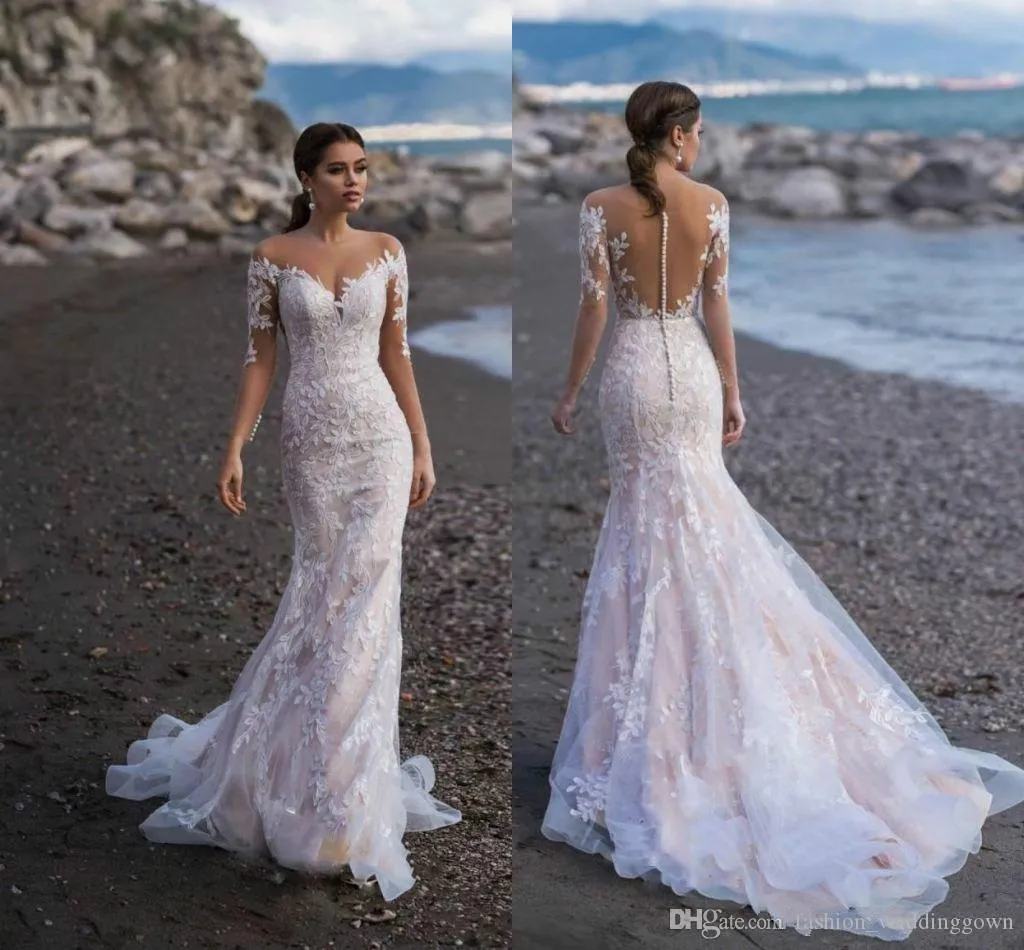 Voller Spitzenstrand Meerjungfrau Kleider applizierte lange Ärmel Bohemian Sweep Zug Hochzeitskleid Brautkleider Vestido de Novia