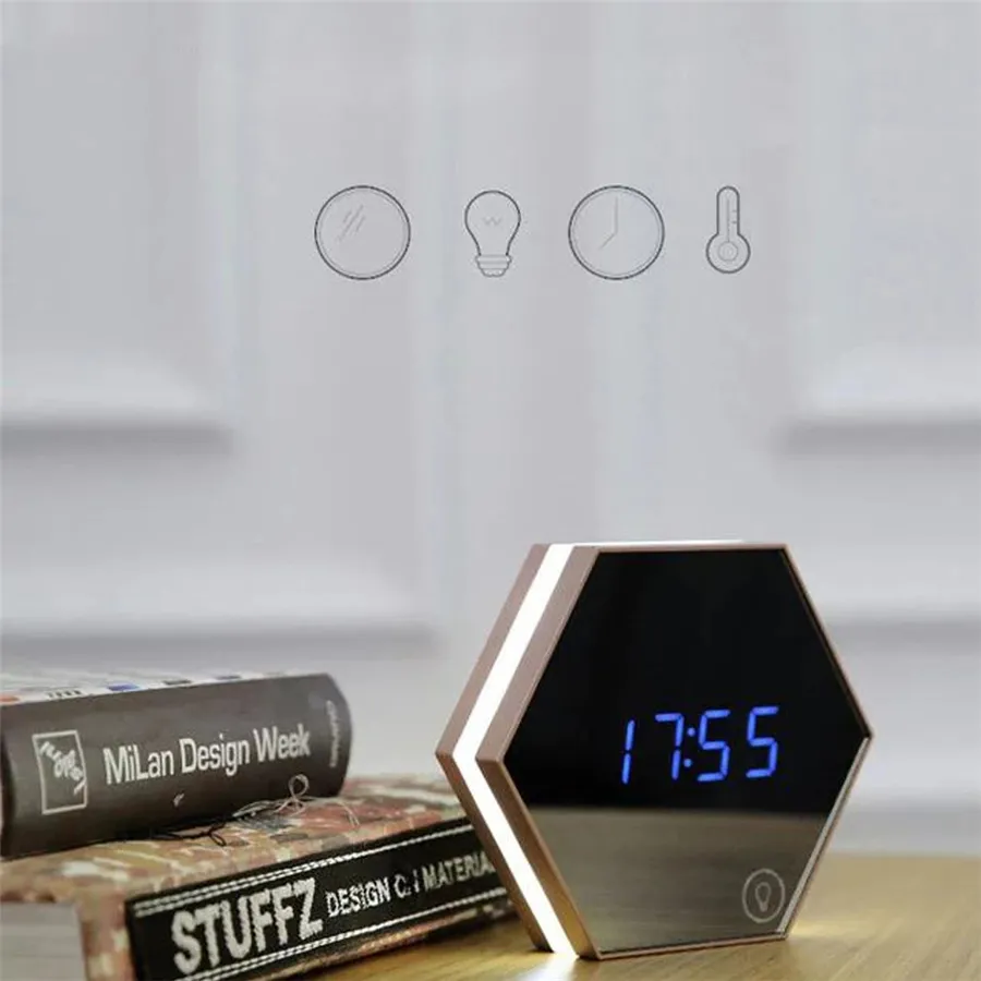 Actualizar espejo de moda y reloj despertador LED Control táctil LED luces nocturnas pantalla escritorio electrónico Relojes de mesa digitales Vanity Mirror Ther