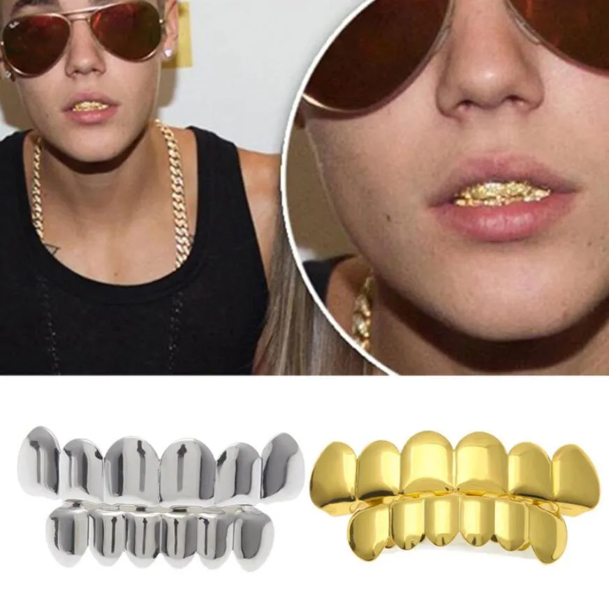 24 Karat Echtgold-Finish Grills Set acht 6 obere Zähne sechs 6 untere Zähne Plain Hip Hop Grills Neues hochwertiges Weihnachts-Halloween-Geschenk