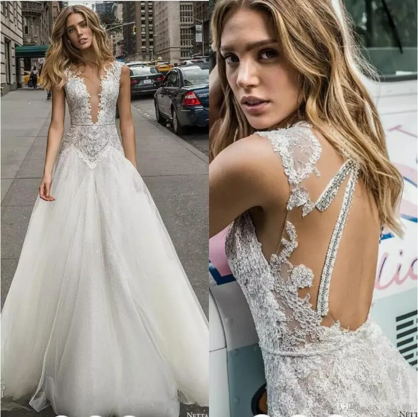 Netta BenShabu Coleção 2019 Vestidos De Noiva Profundo Decote Em V Lace Appliques Frisado Praia Vestidos De Noiva Backless Bohemian Vestidos De Casamento A Linha