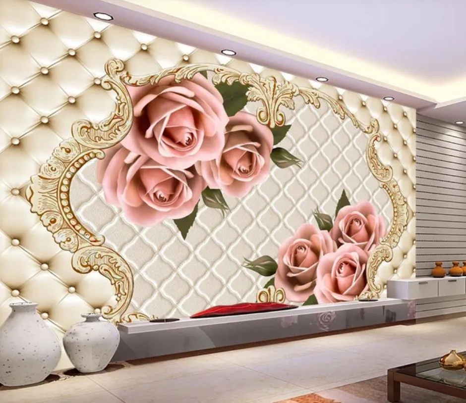 リビングルームのためのモダンな壁紙ヨーロッパソフトパッケージバラの花3D壁紙背景壁絵