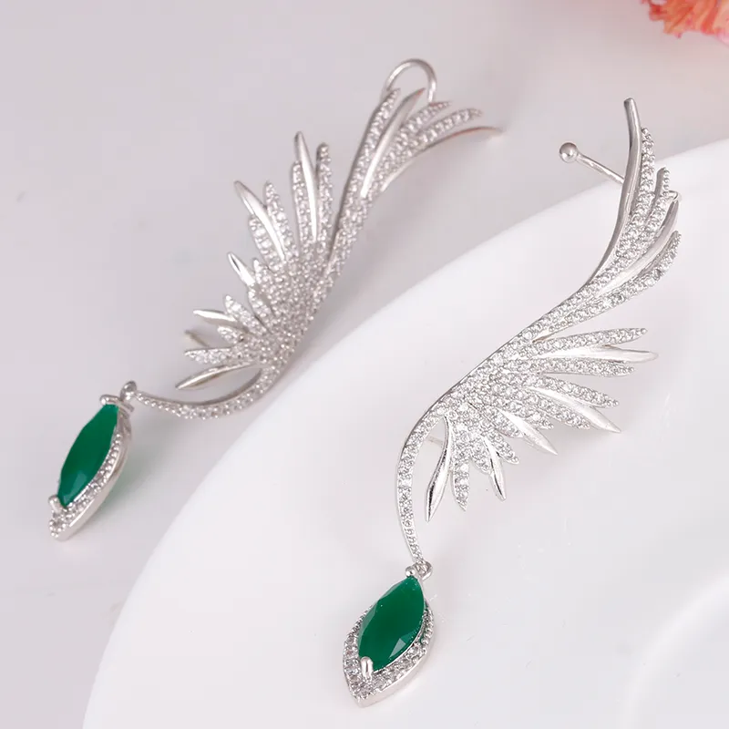 Luxury Feather CZ Stone Ear Cuff Hang Water Drop Big Clip Earrings for Women Party Green Earcuff Kupe Club Factory AE5308953742