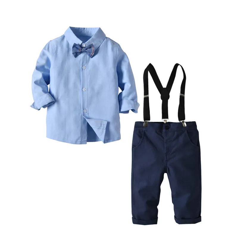 Kinder-Partykleidung, Kleider für Jungen, Kleidungsset, schüchternes blaues Hemd + Nary-Hosen, 4-teiliges Gentleman-Anzug mit Krawatte, Kleinkind-Kinderkleidung