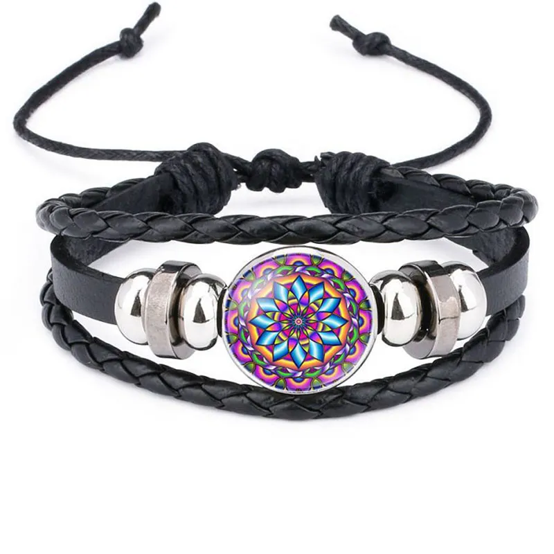 Mandala Indien Yoga Bouddhisme Verre Cabochon Bracelets Réglable Multicouche Wrap Bracelets Poignets De Mode Bijoux Cadeau