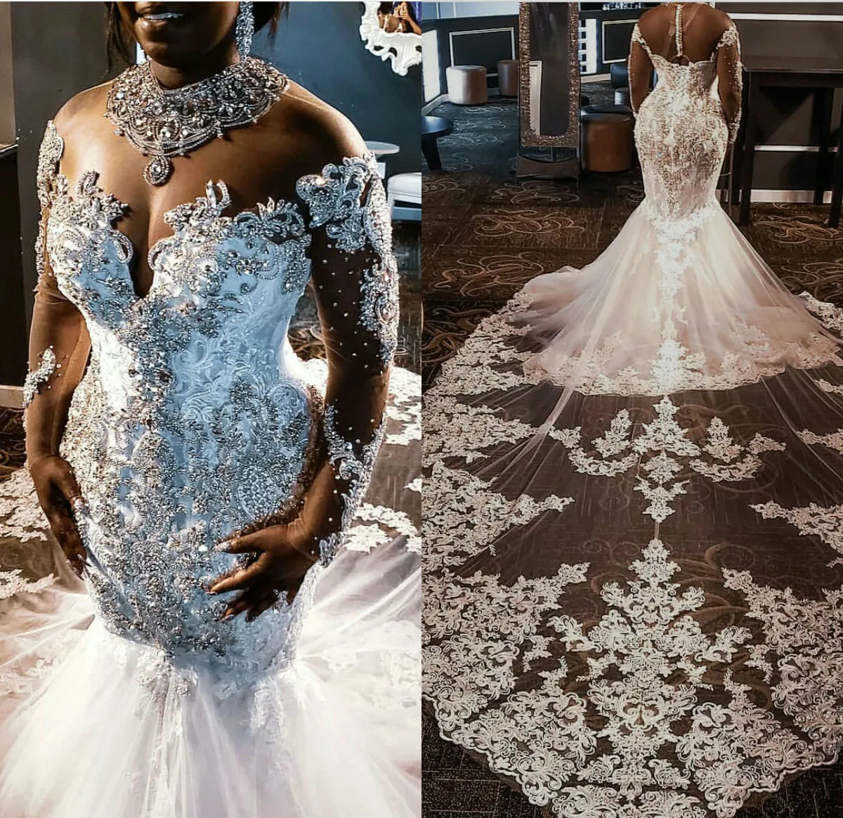 Luxurious Plus Size Mermaid Wedding Dresses Rhinestones Crystals Lace Beaded Long Sleeves Court Train South African Wedding Dress Vestido De Novia