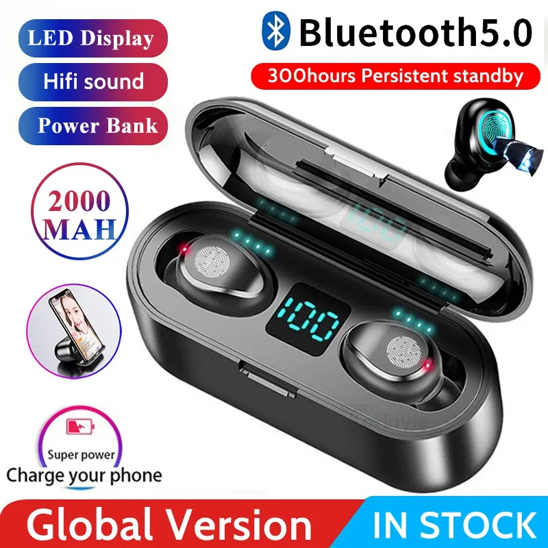 F9 Trådlösa hörlurar Bluetooth V5.0 TWS BT Headphones LED-display med 2000mAh Power Bank Headset Support Mikrofon för telefoner Sport hörlurar öronproppar rosa