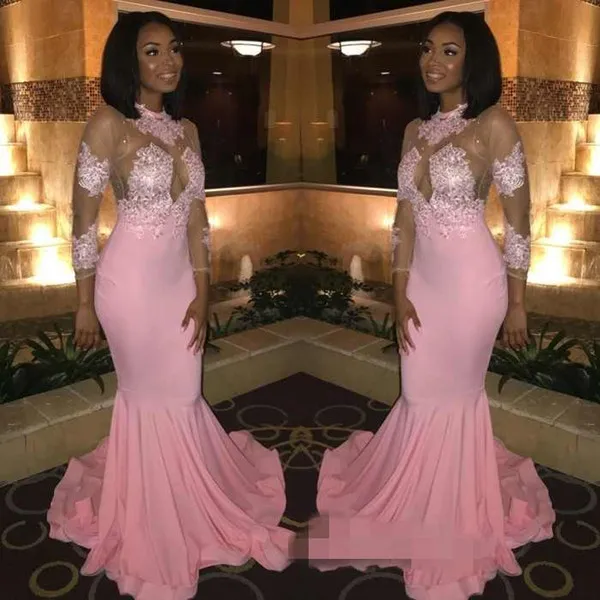 2019 New Custom Made Pink Prom Dresses Jewel Neck Illusion 3/4 Lace Long Sleeves Ruffles Sweep Train Mermaid Evening Special Occasion Gowns