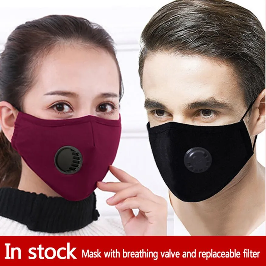 Zawór oddychania maska ​​usta 1 maska ​​+ 2 filtry pyłu respirator zmywalne maski wielokrotnego użytku bawełna Unisex usta mufla Darmowa wysyłka